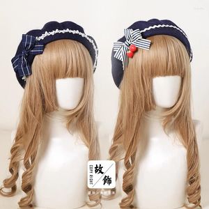 Berets Blue Blue Cyan Plaid Japonais Bow Bow Beret 2023 Chapeau à bourgeons chaud automne et hiver