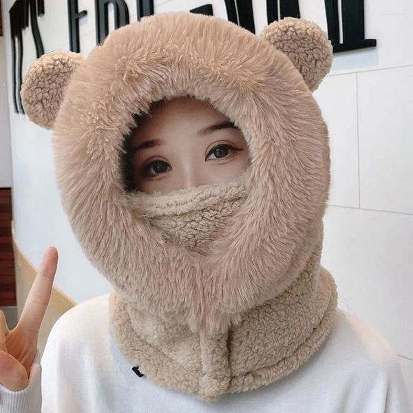 Boinas diseño lindo cómodo a prueba de viento de felpa Protector de cuello oso oreja contraste Color sombrero bufanda conjunto bombardero gorro de invierno mujeres