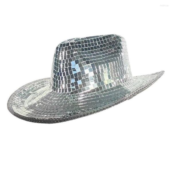 Boinas Disco Ball Sombrero de vaquero Brillo Espejo Lentejuelas Gorra con espejo reflectante Fiesta de baile de vidrio