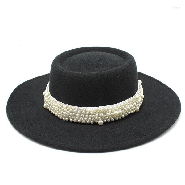 Boinas Dome Pearl Fedora Hat Mujer Classic 8.5CM Wide Brim Jazz Top Otoño e Invierno Lana al por mayor