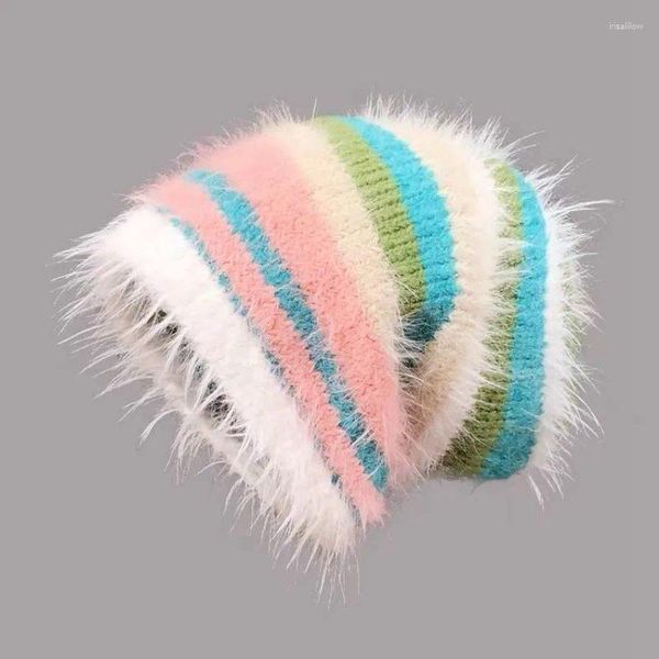 Bérets Dopamine couleur rayé pull chapeau hiver chaud bonnet tricoté mode hommes et femmes en peluche polyvalent crâne haricot chapeaux bonnet