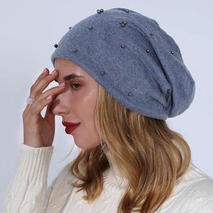 Boinas de algodón de doble capa con cuentas perforadas, pulóver, sombreros de bombardero para mujer, gorro de punto cálido de invierno, lana, esquí, sol