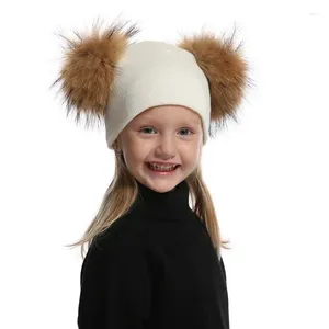 Boinas Doble Pompones Gorros Lindos Niñas Niño Bebé Sombrero de invierno para niños Mamá Cálido Gorro de punto Niños Casual Blanco Negro Gorro