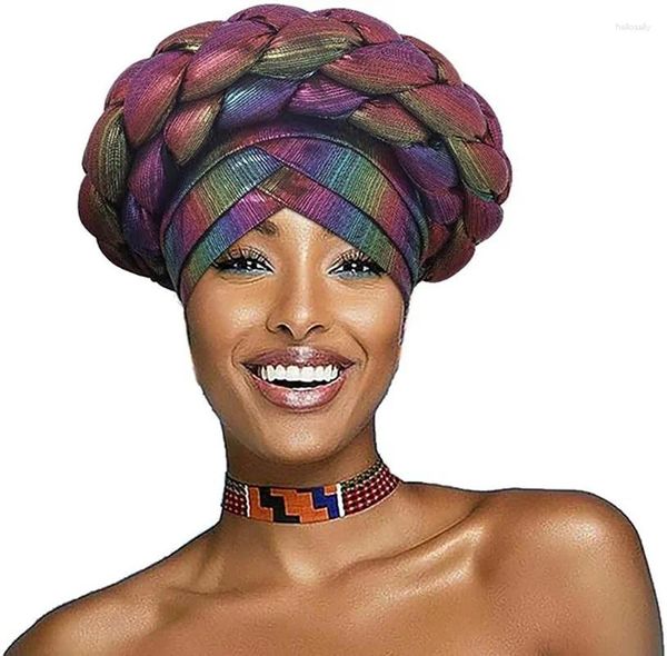 Boinas Bufanda preatada de doble tejido con turbante africano elástico trenzado Envoltura para la cabeza Gorro trenzado azul marino para mujeres y niñas