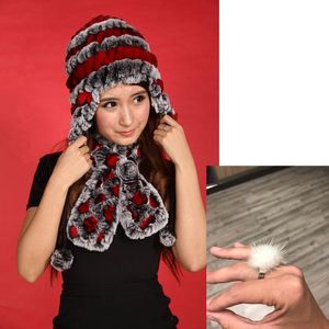 Bérets oreillettes fourrure chapeaux pour femmes hiver chaud ensemble de vrai Rex chapeau avec écharpe à carreaux Floral anneau de vison naturel H160