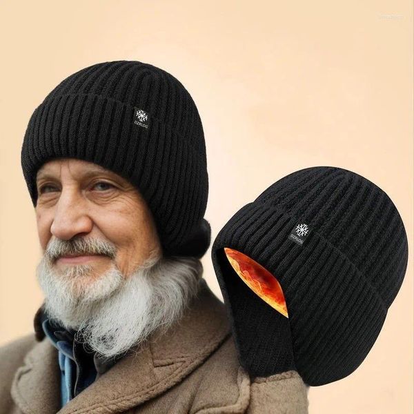 Bérets Chapeaux tricotés chauds d'hiver pour hommes aînés épaissir la laine acrylique Kinting doublé en peluche chapeau de protection d'oreille bonnets de ski bonnets antibruit