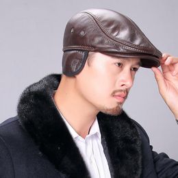 Bérets personnes âgées hiver chaud chapeau hommes en cuir véritable casquette à visière mâle Protection de l'oreille décontracté noir/marron camionneur béret avant CapBérets