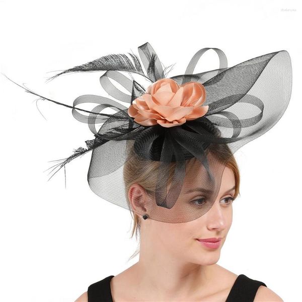 Boinas elegante negro gran fascinador sombrero mujeres boda malla sombreros velo champán flor plumas carreras sombreros para señora Formal