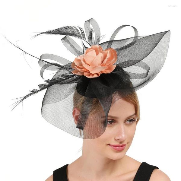 Boina elegante champán flor pluma fascinador carreras sombreros para mujer dama Formal vestido de boda tocado negro gran tul fascinante