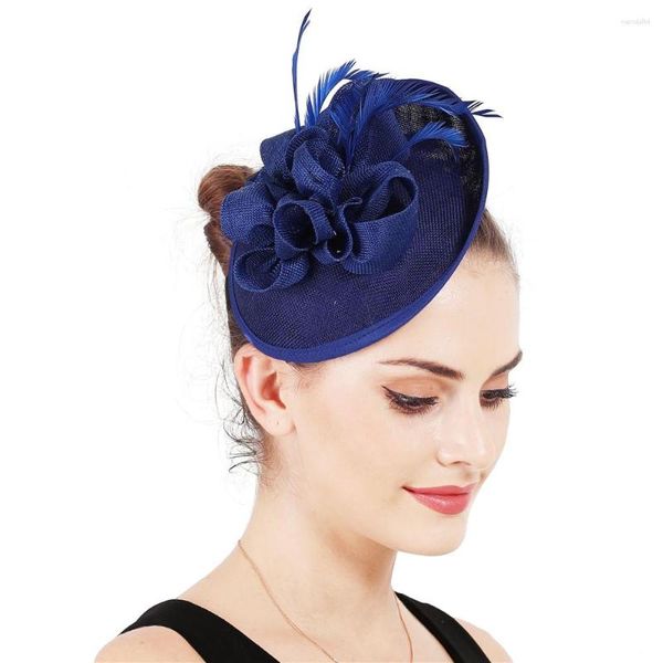 Boinas elegantes de malla de flores tocados sombrero nupcial pluma azul real accesorios para el cabello con Clips fascinantes tocados de boda