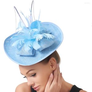 Bérets élégant bleu clair plume cheveux accessoires fascinateurs chapeau femmes chapellerie de mariage mariée dames fête thé course casque