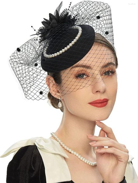 Bérets Élégant Pillbox Chapeaux 20s 50s Vintage Perle Fascinators Chapeau Pour Femmes Avec Plume Maille Voile Clip Mariée Mariage Tea Party