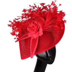 Boinas Elegante Púrpura Y Rojo Pluma Fascinator Boda Nupcial HairClip Sombrero Para Fiesta Cóctel Tocado Señora Patrón Floral HeadWear