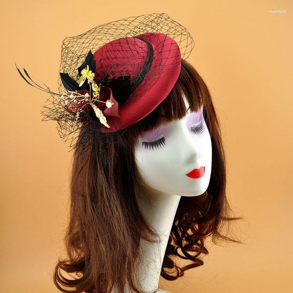 Boinas Elegante Vino Rojo Fascinator Sombrero Cóctel Boda Fiesta Tocado Sombreros Accesorios para el cabello Fascinadores