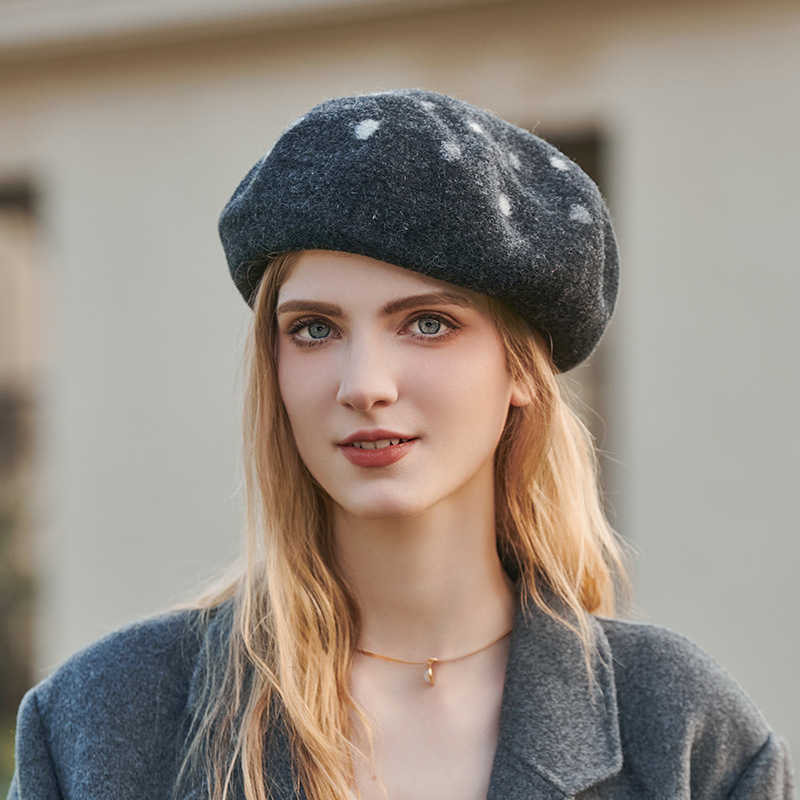 Berets Elegant Women Girls Berets Cap French Artist Warm Woolen Winter Beanie Hat Black Vintage Beret Cashmere Hat Polka Dots Wool Cap Z0616