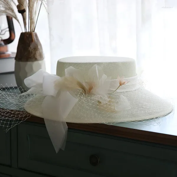 Boinas elegantes mujeres blanco gran arco sombreros sombreros satén flor boda sombrero novia cóctel fiesta formal velo fascinador 2023