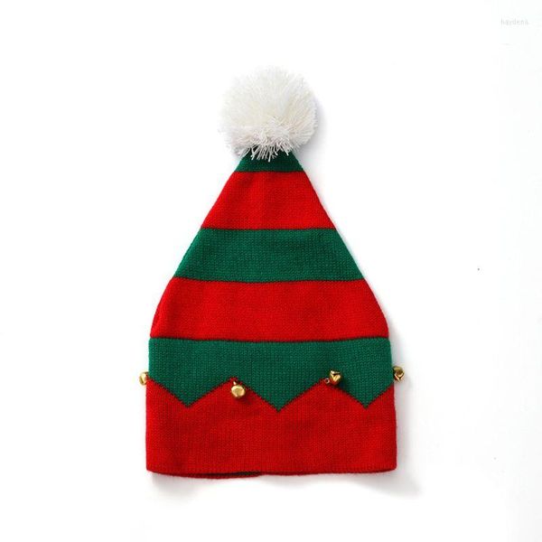 Boinas Elf Christmas Beanie Sombrero de vacaciones con pompón Campanas pequeñas de punto Rojo Verde Rayas onduladas Santa Skull Cap para niños