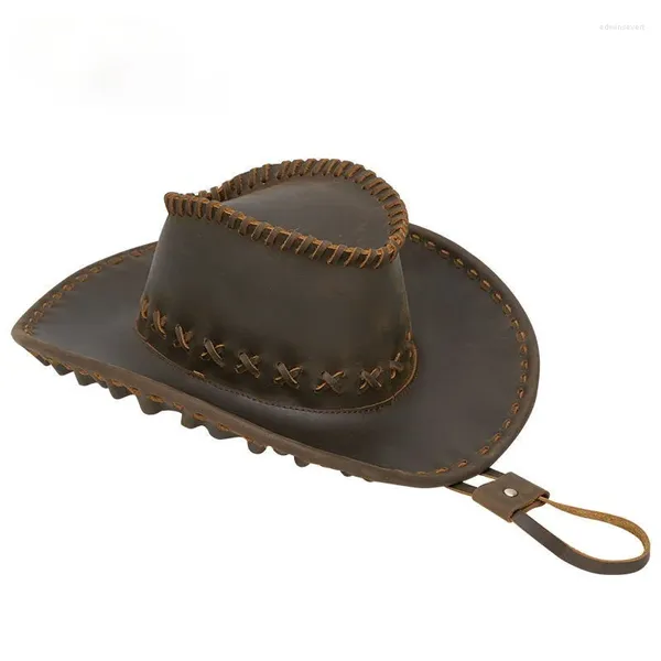 Boinas EST Moda Vintage Viaje Hecho a mano Gorra de cuero de vaca Sombrero de vaquero occidental Sombrero de piel de caballo loco Sombrilla Hombres Brown Show Caps 2024