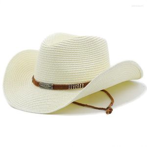 Bérets Style Ethnique Classique Ceinture Paille Chapeau De Cowboy Femmes Hommes D'été Creux Chapeaux De Soleil À Bord Roulé Élégant Dame Protection UV Casquette De Plage