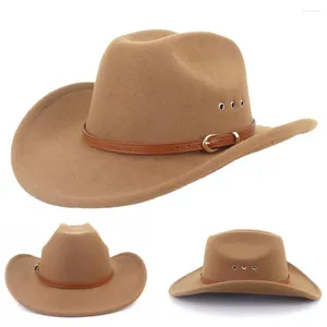Bérets Style ethnique chapeau de cowboy occidental large bord ourlet ceinture en simili cuir décor Jazz Cowgirl Fedora accessoires