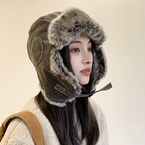 Bérets EUMOAN cuir Leifeng chapeau hiver hommes et femmes plus cachemire chaud vent froid équitation protection de l'oreille vélo électrique Bao