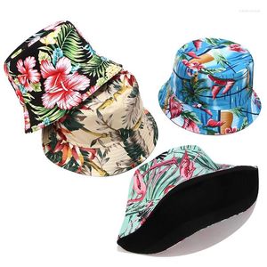 Berets Europa en Americainsbucket Hat Ladies Gedrukt dubbelzijdige zon Summer Outdoor Travel Foldable Basin