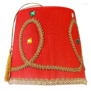 Beretten exotische Turkse hoed Marokkaans thema hoofddeksel met gouden trim zwarte kwastjes fez Egyptisch uniek kopstuk n7yd