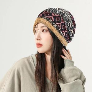 Beretten Prachtig vervaardigde beanie hoed koud weer retro gestreepte kleurblok dames met dik fleece voor oor