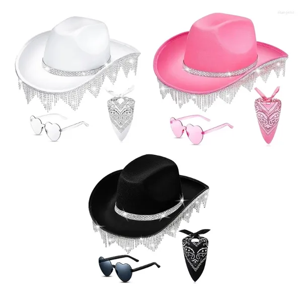 Bérets F42F strass Cowboy Costume ensemble Western large bord chapeau écharpe lunettes de soleil adulte Roleplay accessoires de fête 3 pièces