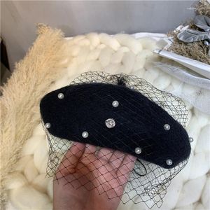 Bérets fascinant mille voile laine béret fashion lettre m féminin perles hiver chaude vintage feutre peintre français chapeau féminin caps