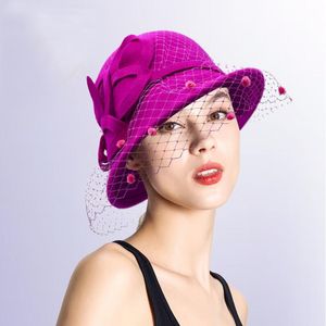 Boinas Fashion Otoño Invierno Guez Fedora para mujeres con velo Hatberets de fieltro de lana de cubo cálido y a prueba de viento