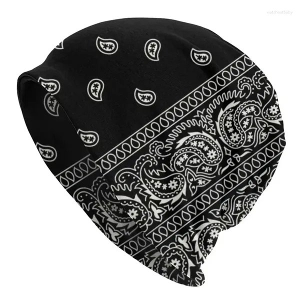 Bérets Mode Noir et Blanc Paisley Chicano Bandana Style Bonnet Unisexe Hiver Chaud Bonnet Femme Chapeaux Tricotés Pour Hommes Femmes