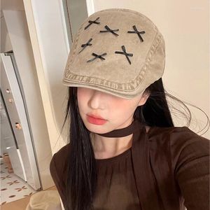 Berets Fashion Bow Y2K voor vrouwen meisjes katoen bowknot voorwaartse hoed Koreaanse veelzijdige casual retro bogen sboy baret cap hoofddeksel