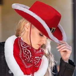 Bérets Mode Noël Cowboy Chapeau Paillettes Fourrure Écharpe Denim Rouge Velours Blanc Plume Père Noël Flocon De Neige Femmes Cosplay Accessoires