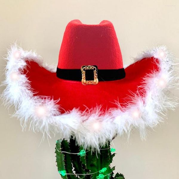 Boinas Moda Navidad Sombreros de vaquero LED Luminoso Terciopelo rojo y pluma blanca Sombrero de Santa Mujeres Niñas Cosplay Tiara Año Decoración de fiesta