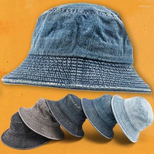 Bérets Mode Denim Lavé Seau Chapeau Rétro Pliable Casquette De Pêcheur Coton Casual Soleil Été En Plein Air Crème Solaire Pour Femmes Hommes