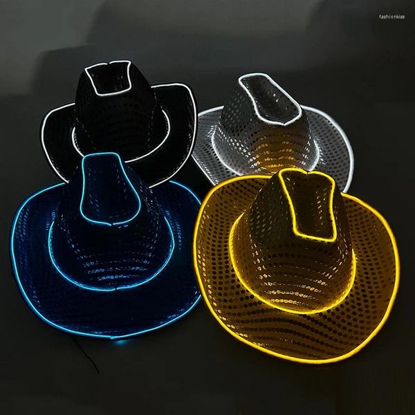 Boinas Fashion El Wire Led Led Bride Hat Luminous Western Cowboy Capboy con Lights Club Props disfraz de cosplay