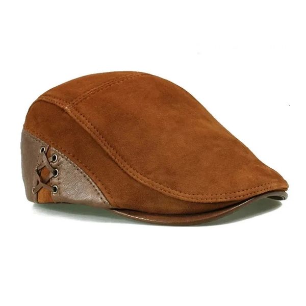 Bérets Mode Style européen en cuir véritable casquettes béret homme décontracté en peau de mouton daim noir/marron ajusté bec de canard chapeaux mâle 231027