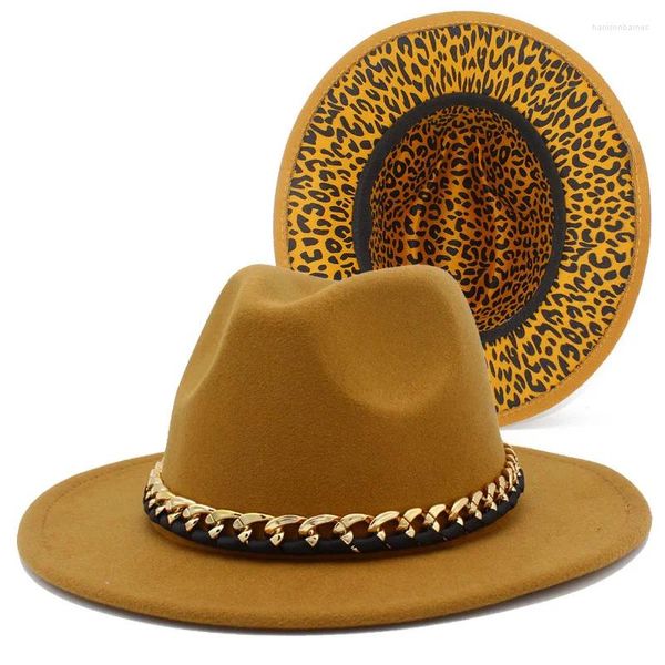 Boinas Moda Fedora Sombreros Mujeres Hombres Trilby Caps Fedoras Cinturón de cadena Jazz Hat Lady Inner Leopard Cap Felt Blower