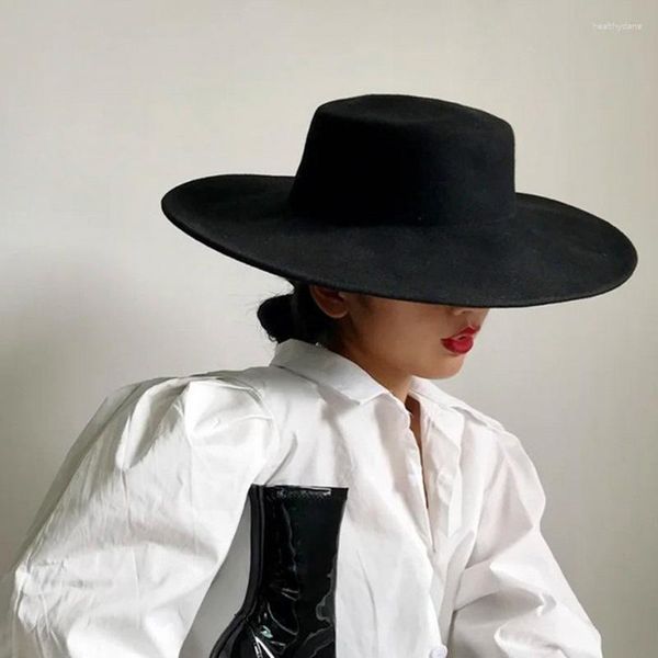 Boinas Moda Sombrero de mujer francés Gran ala ancha 10 cm Fedora Boda Jazz Sombreros Flat Top Fieltro