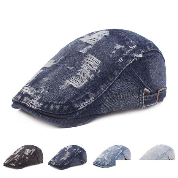 Boinas Moda Agujero Sombreros de vaquero para hombres Retro Denim Newsboy Hat Uni Casual Cotton Beret Cap Hip Hop Flat Drop Delivery Accesorios Bufandas G