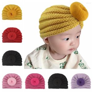 Boinas de punto a la moda, sombrero de costilla, Bola de donut redonda, turbante para niñas pequeñas, gorras de punto para niños pequeños, tocados