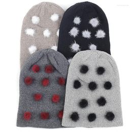 Baretten Mode Gebreide Kasjmier Muts Herfst Winter Warm Skull Cap Mutsen Trui Manchet Met Kleine Pompom Dot Accessoires