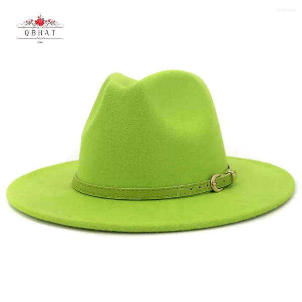 Bérets Mode Lime Vert Ceinture Boucle Décor Laine Artificielle Feutre Jazz Fedora Chapeaux Femmes Hommes Plat Large Bord Panama Cowboy Cap L XL