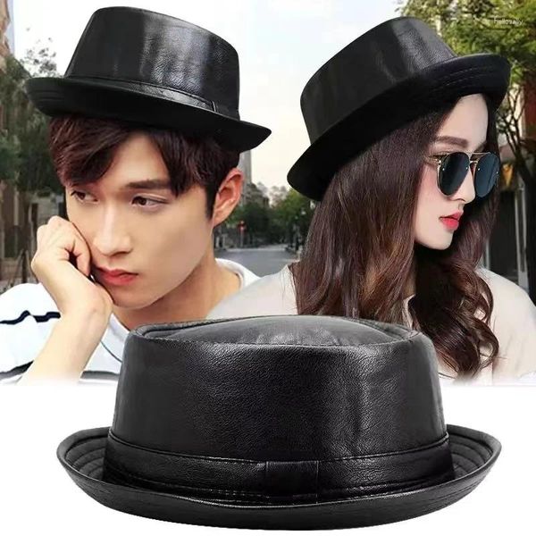 Bérets Fashion Men's Black Leather Trilby Hat Fedora Vintage Women's Automn Brand Jazz