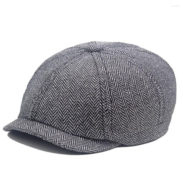 Boinas Moda Hombre Sombrero Gorra Plana Clásico Tweed Raya Espiga Sboy Pintor Sombreros Invierno Espesar Casual Adelante