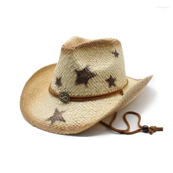 Bérets Mode Plage extérieure Le chapeau de cowboy Parasol réglable pour hommes et femmes peint pentagramme denim chapeau de paille de style national