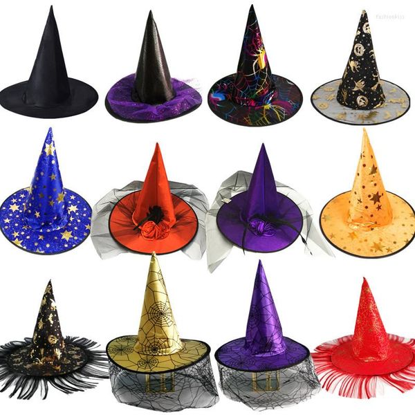 Boinas Personalidad de la moda Gorra puntiaguda Sombrero de mago unisex Fiesta de Halloween Gorras de gasa Impreso Calabaza Sombreros negros