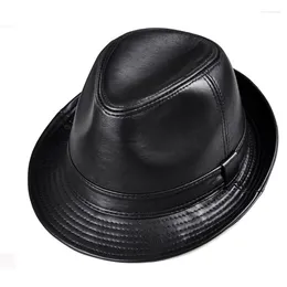 Beretas Fashion Real Leather Gentleman Fedora Men Autumn 2023 Fedoras Solid Black Vintage Dad Hats Chapeau Femme Cap Panamá Jazz