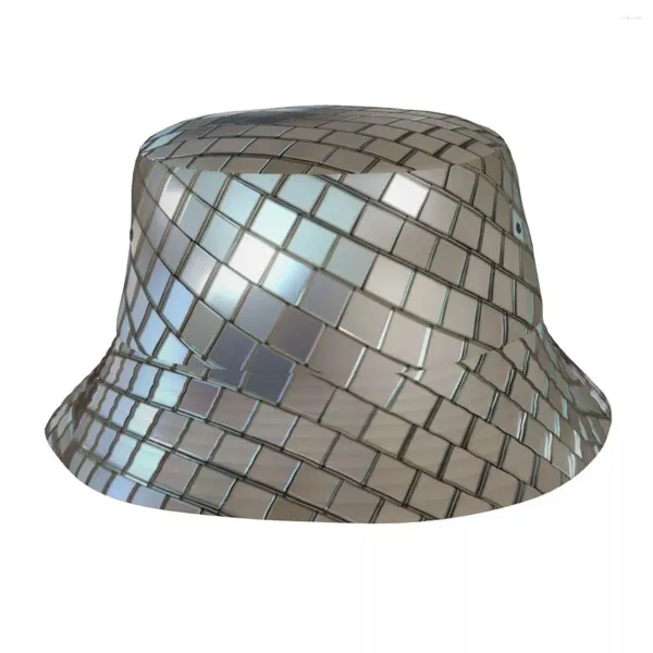 Bérets Mode Brillant Argent Disco Ball Modèle Seau Chapeau Hommes Femmes Emballable En Plein Air Rétro 70s Pêche Été Plage Chapeaux